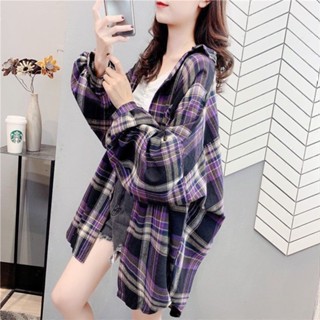 格紋妹仔 長袖襯衫 磨毛格子襯衫 格紋襯衫 寬鬆上衣 長袖上衣 襯衫外套 大尺碼 寬鬆襯衫 罩衫 秋季薄款