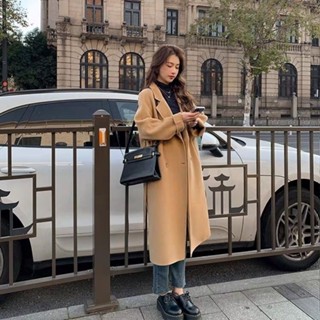 現貨 現貨 新品熱賣 女生長款風衣 美拉德毛呢大衣2023年春秋新款韓版寬鬆中長款抽繩毛呢外套女