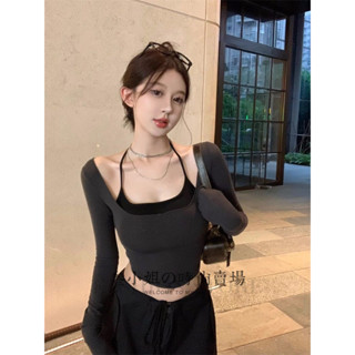 叄小姐ミ 方領長袖T卹防曬罩衫女春夏秋季辣妹性感上衣內搭吊帶背心兩件套
