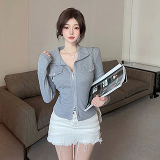 💕甜心大尺碼💕大尺碼polo領雙拉鍊長袖T恤女春秋新款辣妹修身時尚休閒打底衫短款上衣