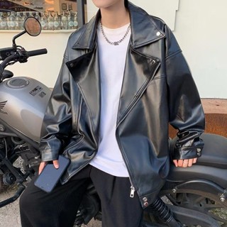 【現貨】短版上衣 西裝領皮衣外套男式痞帥設計感機車服春秋寬鬆PU皮夾克棒球服 大尺碼 T恤大學T 短袖