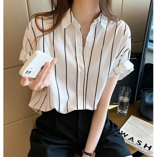 💕甜心大尺碼💕大尺碼條紋襯衫女短袖寬鬆顯瘦大碼上衣夏新款百搭Polo領氣質休閒襯衣潮