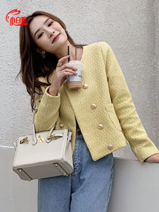💖💖小白狐💖💖2023秋冬新款黃色小香風外套女裝氣質名媛法式高階感短版長袖上衣