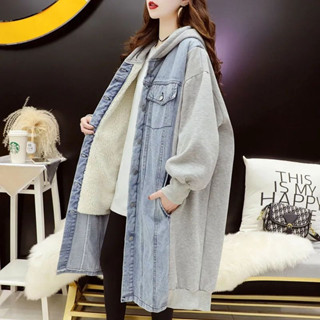 中長款牛仔拼接棉服外套女秋冬新款韓版寬鬆刷毛加厚百搭連帽風衣