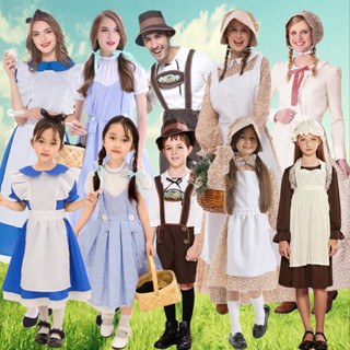 萬聖節 角色扮演 表演服 表演服 澳大利亞古早文化服飾成年兒童女農場cos碎花洋裝田園農夫裝扮