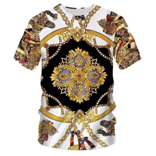 Homme短袖奢華皇家巴洛克服裝上衣UJWI品牌男士金色花朵T恤夏季3D列印藍色T恤-