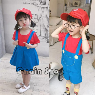 【ChainBaby】 兒童套裝 瑪利歐可愛假兩件套裝 cosplay童裝 夏季 兄弟姐妹裝 萬聖節服裝