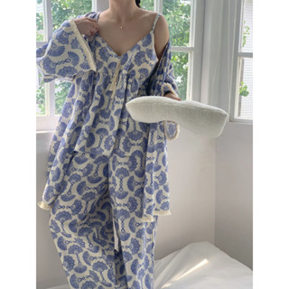換季新品 漢元素服裝 大尺碼300斤可穿國風春秋吊帶長褲外披睡衣女三件式韓國寬鬆帶胸墊