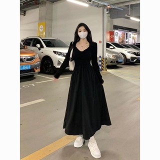 【Plump】中大尺碼女裝 微胖穿搭 大碼女裝 高階感韓系小黑裙減齡小個子連衣裙秋冬裝 長袖連身裙 秋冬洋裝