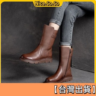 短靴女 中筒靴 短筒靴子 皮靴 新款 軟皮女靴 厚底 馬丁靴女 簡約 韓版 中筒切爾西靴 棕色女靴 不過膝靴子 踝靴女鞋