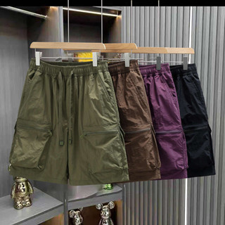【臺灣現貨🔥】M-4XL寬鬆夏季短褲 冰絲男錦綸 拉鏈口袋休閑 工裝運動五分褲 多袋中褲潮牌 二開短褲