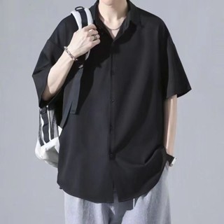 【臺灣出貨】 【店鋪熱銷】2024冰絲寬鬆垂感白色襯衫男短袖夏季高階感痞帥男士休閒男裝襯衣