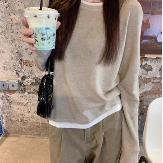 韓系大碼鬆弛感打底衫女胖mm100.0kg慵懶風假兩件長袖針織上衣ins潮