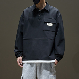 大學T 大學t 上衣 男生男士長袖衣服 大學T男士秋冬2024新款打底上衣服潮牌polo衫領長袖外套男款春秋季
