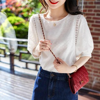 主流女裝️S-XL氣質簡約真好看韓系超仙鏤空蕾絲衫短袖女早春夏季新款寬鬆顯瘦上衣洋氣小衫 正韓上衣