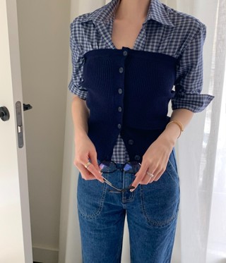 86549 復古格子翻領長袖襯衫/ 單排扣針織抹胸無袖背心