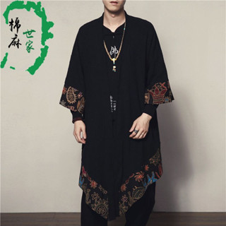 A新 【復古花邊設計】棉麻世家原創中國風男裝大尺碼花邊拼接小外套男士民族風風衣披風外套