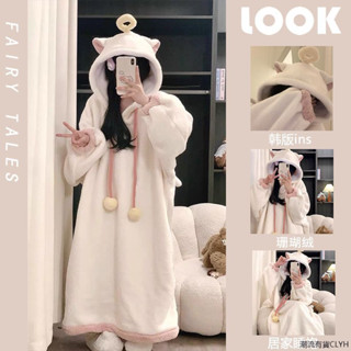 【睡袍】秋冬珊瑚絨睡衣女冬季加絨加厚法蘭絨中長連帽天使家居服睡袍 睡衣睡袍 卡通睡衣 居家服 連帽睡衣