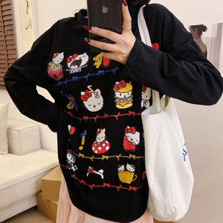 秋季新款甜美Kitty貓印花長袖T恤 女款圓領寬鬆薄款套頭上衣