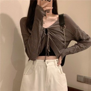現貨 新品熱賣 女生透氣鏤空罩衫 【41%回購率】薄款外搭針織防曬衣女夏季配吊帶長袖罩衫短版鏤空抽繩空調衫上衣