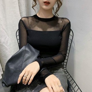 優質新品 雙層拼接網紗打底衫 防曬高彈性緊身長袖素色內搭上衣 t恤 透視內搭衫 透膚打底上衣 網紗T恤 女生衣服