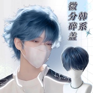 霧霾藍假髮男生微分碎蓋男款全頭套韓版自然蓬鬆男士模擬發假髮套