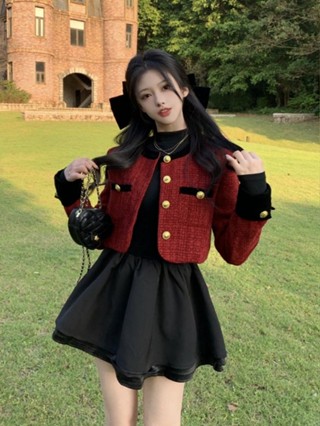 秋冬套裝 秋冬女裝 法式小香風外套+顯瘦修身黑色長袖蓬蓬短裙 兩件套 加厚外套 短裙 千金風 小香風 外套 連衣裙
