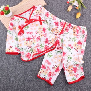 現貨 新品熱賣 女童復古短袖居家服套裝 【店鋪熱銷】古風女童夏季睡衣套裝棉綢漢服寶寶家居服兒童長袖長褲兩件套空調