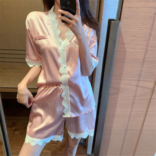 【限時 免運】睡衣女 夏季薄款材質 ins性感冷淡風 冰絲套裝 韓版春夏新款 日式高檔 上衣女 短褲 類真絲 性感睡服
