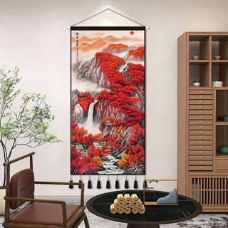 捲軸掛畫 掛布直式 背景墻裝飾布 掛毯壁畫 墻上掛布 【色彩正】新中式鴻運當頭山水畫布藝掛畫玄關客廳背景牆裝飾畫