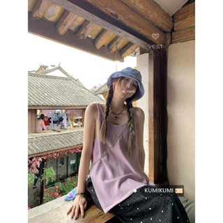 純色簡約夏季不規則疊穿女裝開叉寬鬆休閒上衣針織吊帶背心