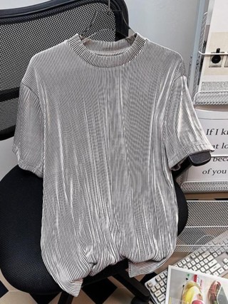 臺灣限時低價 【店鋪熱銷】冰絲短袖男夏季大碼150.0kg設計感小眾涼感t卹寬鬆韓版坑條垂感上衣