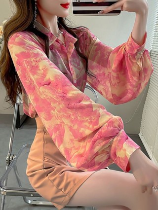 現貨 新品熱賣 女生印花翻領襯衫長袖 【店鋪熱銷】粉色獨特別緻印花襯衫女2025年新款時尚燈籠袖襯衫顯瘦雪紡上衣仙