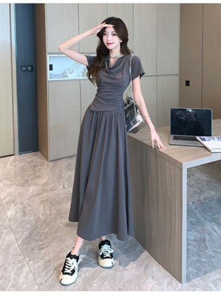 【5848人收藏】夏季御姐減齡不規則褶皺蕩領短袖上衣套裝女休閒半身長裙兩件套裝 （Your war dr obe