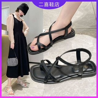 二喜鞋店 韓國東大門套趾涼鞋 復古港風交叉細帶羅馬涼鞋 歐美森系仙女平底鞋 軟底低跟涼鞋 平底涼鞋 夾腳涼鞋女 防滑輕量