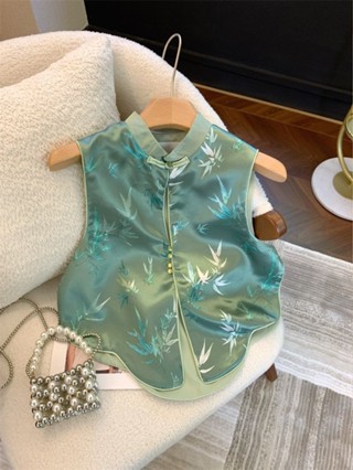 【新品速發】 ♞,♘,♙新中式 國風 盤扣 旗袍領馬甲 女夏款 竹葉 印花 禪意 馬夾 上衣薄荷曼波風