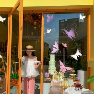 店面貼紙 店鋪玻璃門貼紙 玻璃門貼紙 玻璃門貼 窗貼 ins風彩色蝴蝶牆貼紙商舖服裝奶茶咖啡店鋪玻璃櫥窗靜電貼畫裝飾