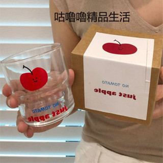 玻璃水杯 ins可愛卡通小蘋果印花玻璃杯 禮盒裝夏季果汁杯 牛奶杯 情侶款對杯咖啡杯