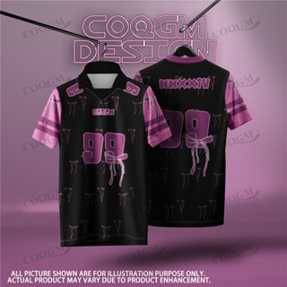 【免費定製姓名&號碼】Jersey Coquette Oversized 韓式時尚短袖T恤男女夏季蝴蝶結v領上衣情侶運動