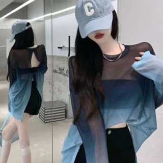 現貨 新品熱賣 女生透氣鏤空罩衫 【店鋪熱銷】鏤空漏背綁帶薄款冰絲漸變寬鬆防曬衣T恤女2024夏季新款法式上衣