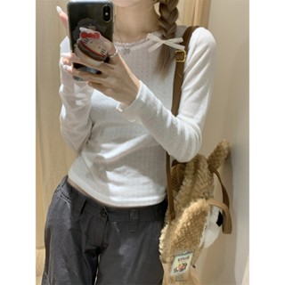 80661 甜美蕾絲拼接鏤空白色長袖T恤上衣