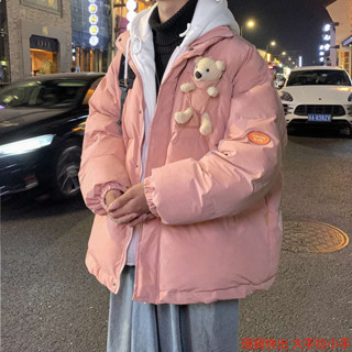 情侶衣 情侶裝 CP 立體小熊裝飾羽絨棉衣男冬季外套ins港風假兩件情侶裝潮牌棉服女 大尺碼 顯瘦 ins風 情侶裝
