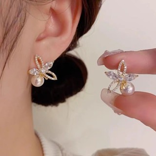 臺灣限時低價 森系甜美時尚馬貝珍珠鋯石耳釘s925銀針氣質百搭精緻耳環