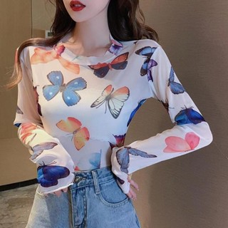 現貨 新品熱賣 女生泫雅風網紗透視防曬上衣 泫雅網紅ins潮百搭網紗薄款緊身T恤蝴蝶印花長袖防曬衫上衣服女夏