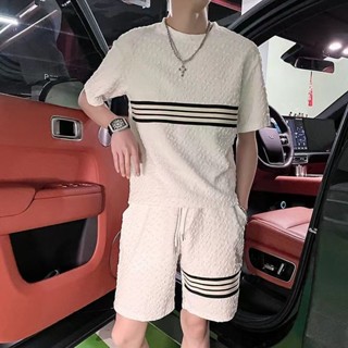 【臺灣出貨】 【店鋪熱銷】休閒運動套裝男士夏季涼感透氣短袖短褲搭配一套痞帥條紋兩件套薄