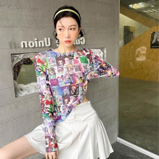 現貨 新品熱賣 女生泫雅風防曬網紗打底衫 【網紗柔軟】卡通漫畫防曬衣冰絲長袖t恤女泫雅風網紗打底衫夏季薄款內搭上衣
