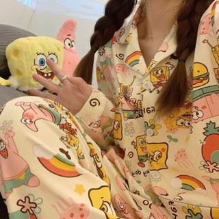 【ingot運動戶外】 卡通海綿寶寶睡衣女2025春秋新款可愛印花少女寬鬆長袖家居服套裝