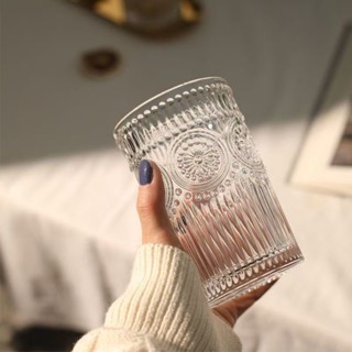 太陽花玻璃杯ins高顏值太陽花浮雕復古杯子家用飲料果汁咖啡杯子