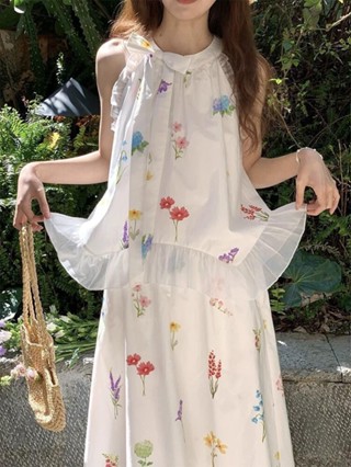 現貨速發 時尚套裝 法式田園風碎花無袖背心掛脖上衣搭配高腰半身裙夏季新款度假套裝