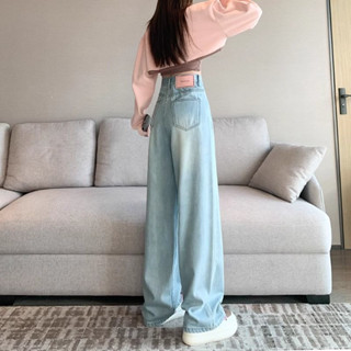 淺藍闊腿牛仔褲女春季新款高腰小個子顯瘦寬鬆垂墜感加長直筒褲